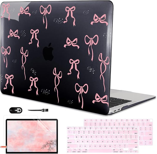 LCMOCICO for MacBook Air 13 inch Case 2021 2020 2019 2018 Release M1 A2337 A2179 A1932, Pritned Pattern Plastic Hard Case Cover for MacBook Air 13 M1 with Retina Display Touch ID, Pink Bowknot Black