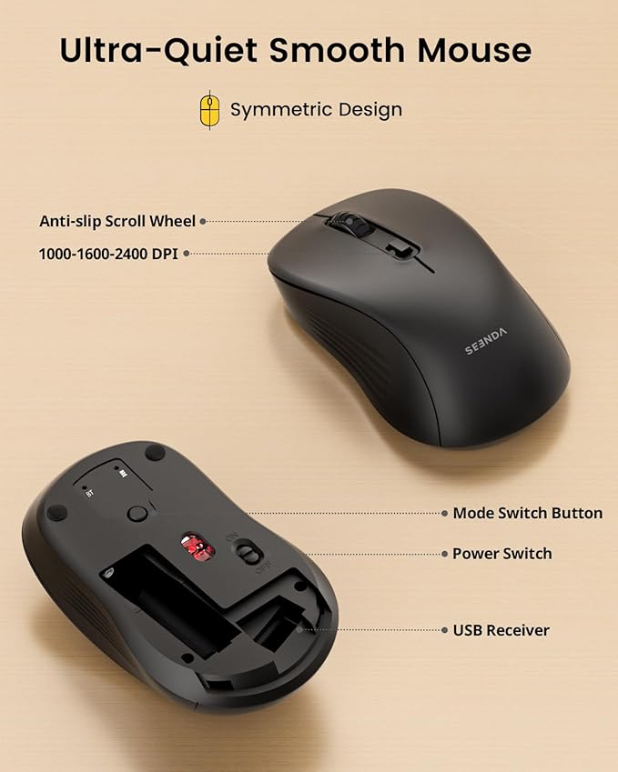seenda Wireless Bluetooth Keyboard Mouse Combo, COE200 Ergonomic Keyboard with Wrist Rest, Silent Mouse, Multi-Device Connection, Full-Size Compatible for Windows PC Laptop Mac MacBook, Black