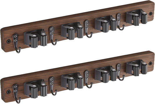 OUTNILI Mop Broom Holder Wall Mount - 2 Pack Wood Organizer with 4 Slots & Hooks for Rustic Kitchen, Garage, Laundry Room
