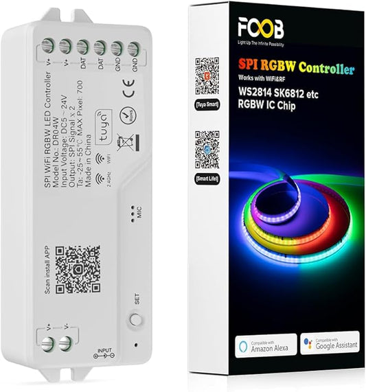 FCOB 2.4G WiFi SPI RGBW LED Controller DR04W, Smart Life/Tuya App, Alexa & Google Home Compatible, Works with SK6812, WS2814, Addressable RGBW Strips RC03RFB RF Remote for Wireless Control