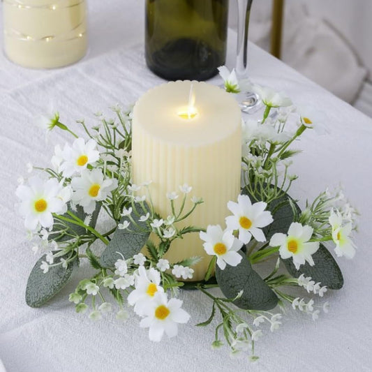Skiennix Candle Rings - Artificial Daisy Flower Wreaths with Green Leaves | 3-Inch Diameter, White
