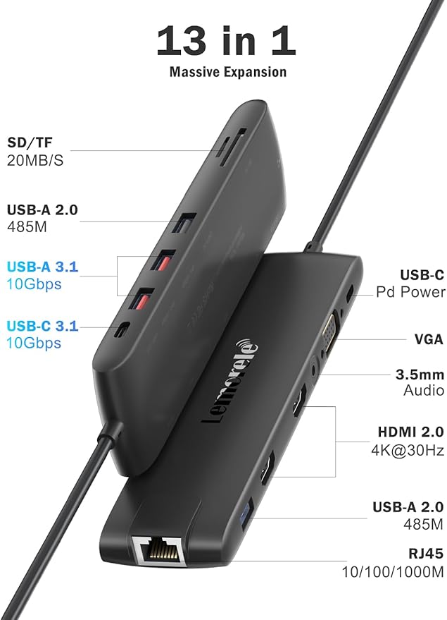 Lemorele 13-in-1 USB C Docking Station with Triple Display, 2X 4K HDMI, VGA, 100W PD, 6 USB Ports (incl. USB-C 3.2), Gigabit Ethernet, SD/TF Reader, 3.5mm Audio for MacBook/Windows