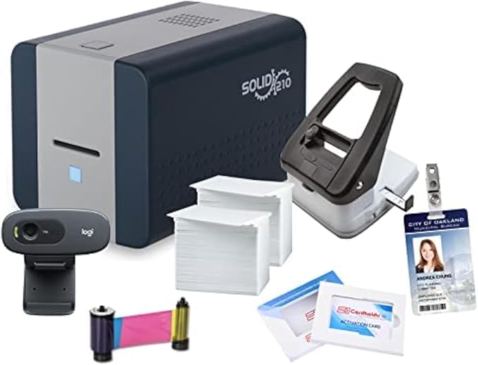 Cardholdir ID Easy Badges Solid 210 ID Badge Printer | with Standard Edition Software (Adds Excel Database & QR Codes), & Everything Needed to Print 400 ID Cards | Single Sided Employee ID Printer
