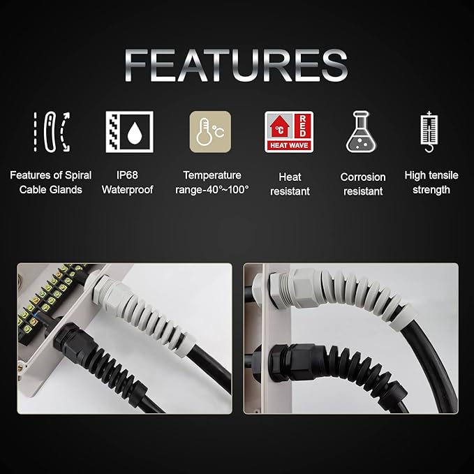 LeMotech 10Pcs NPT 3/8" IP68 Waterproof Cable Gland Flex Spiral Strain Relief Black Nylon Joint with Gaskets for 5-10mm Wire Thread