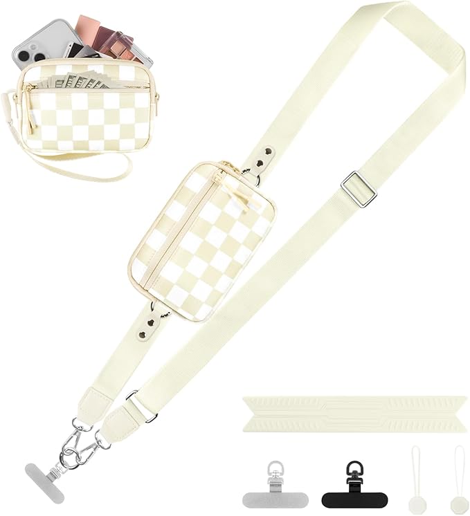 YFWE Clip and Go Strap for Phone with Wallet Crossbody, Adjustable Phone Lanyard with Detachable RFID Wristlet Wallet, Phone Strap with Phone Tabs for All Phones, Cream Checkered (M)