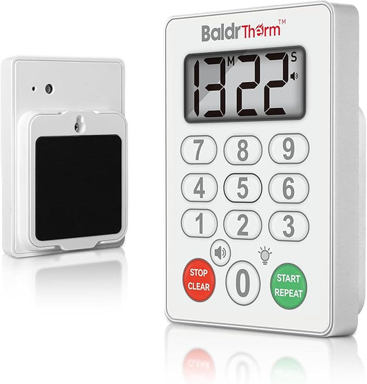 BaldrTherm Digital Kitchen Timer Waterproof, Strong Magnetic Cooking Timer with 3 Adjustable Volume Levels & Silent Flashing Light, Countdown Timer for Cooking, Baking Shower, Classroom, White