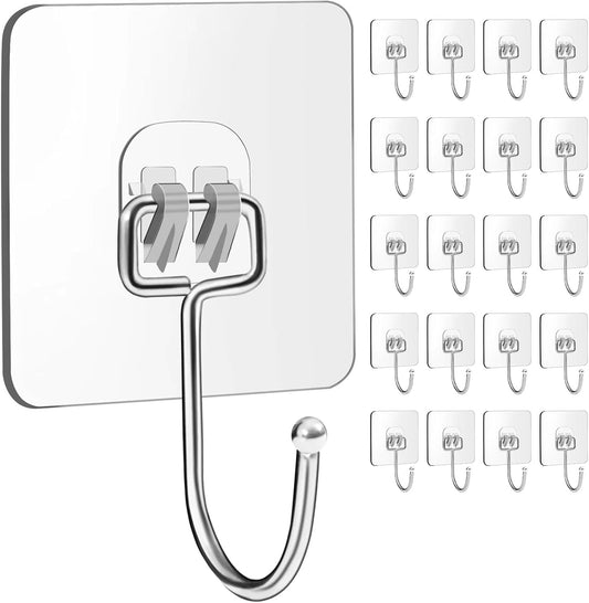 Skiennix Heavy-Duty Adhesive Wall Hooks - 33lb Max Load, Waterproof, Transparent | 20 Pack for Easy Hanging