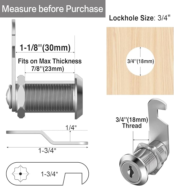 Sartatue Cabinet Cam Locks Keyed Alike, 1-1/8'' Fits on 7/8'' Max Door Thickness, Secure File Drawer Mailbox RV Storage Replacement Set, Zinc Alloy (1-1/8 Inch 2Pcs)