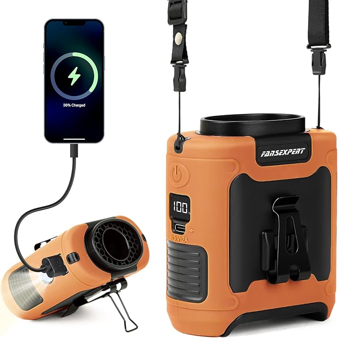 FANSEXPERT Portable Waist Fan Clip on, Personal Wearable Belt Fan 10000mAh Rechargeable Battery Under Shirt,5 Speeds with light, Neck Fan Hands-Free Cooling For Outdoor Camping Travel (Orange)
