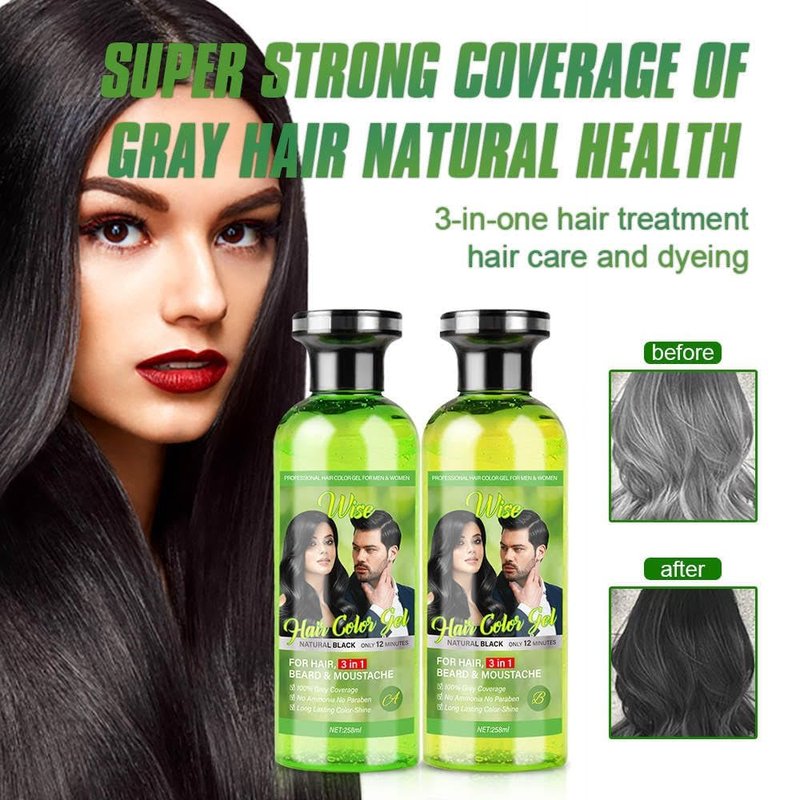 Natural Hair Color Gel - 3 in 1 Semi-Permanent Black Dye for Gray Coverage | Plant-Based with Olive Extract, 500ml x 2