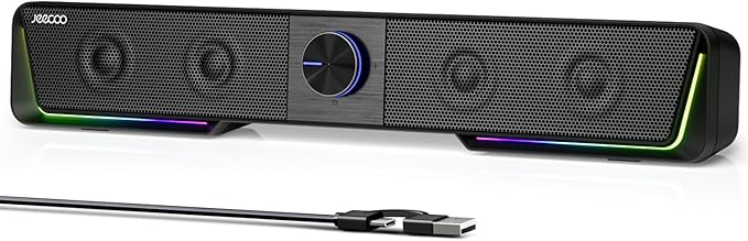 Jeecoo A40 Bluetooth Computer Speakers with Clear Sound, USB Plug & Play PC Speakers with LED Light, Computer Sound Bar with Switch Button for Desktop Laptop Monitor (USB-C Adapter Included)