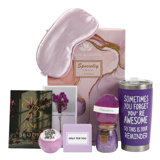 Spa Gift Set for Women, 6-Piece Marble Collection with Bath Bomb, Bath Salt, Diamond Soap, Thermal Mug and Gift Card