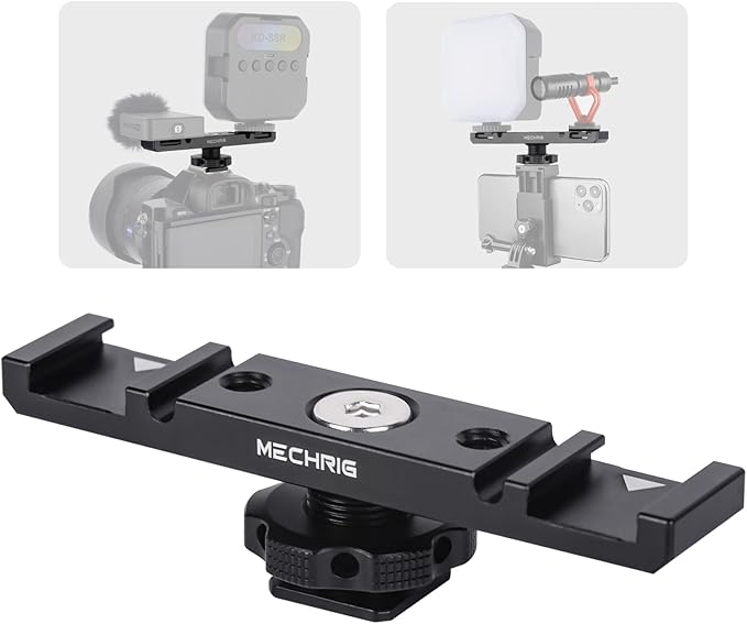 Mechrig Dual Cold Shoe Extension Bar Mount, Aluminum Dual Hot Shoe Mount Bracket with 1/4" Thread & Cable Slot, Cold Shoe Bracket for DSLR Camera LED Video Light Microphone Monitor (62034)