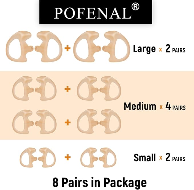 POFENAL Silicone Replacement Earmold for Motorola/Baofeng/Retavis Radios - Police Walkie Talkie & Law Enforcement Soft Earpiece Inserts (8 Pair, Flesh - 2L/4M/2S)