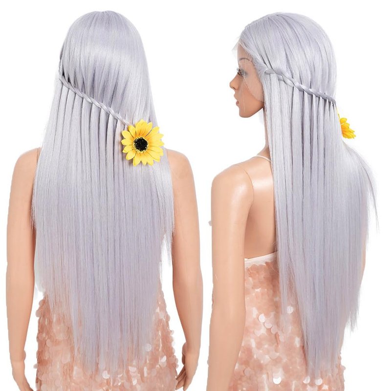 Style Icon 32-Inch Long Straight Wig Mid-Part Lace Front Silky Smooth Synthetic Silver White Purple Color Wig