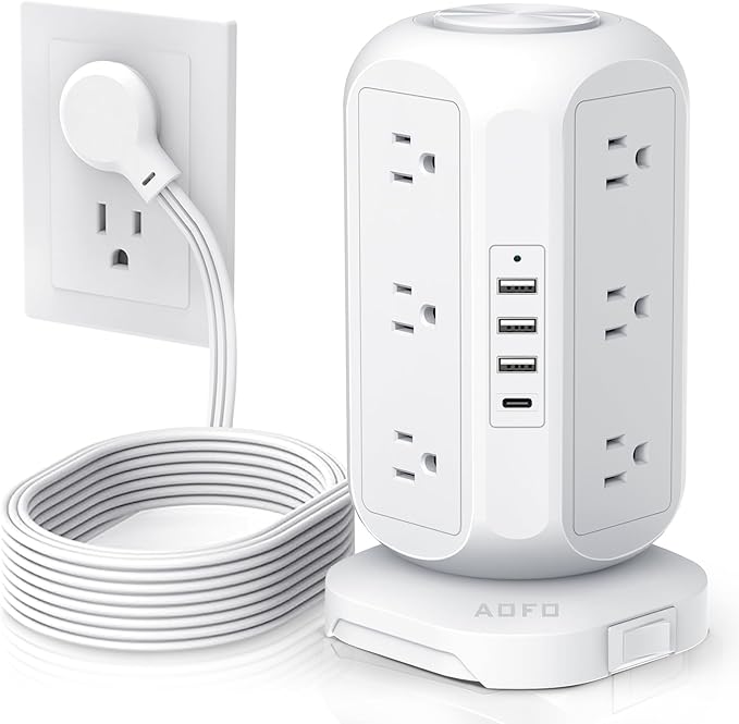 Tower Power Strip Flat Plug with 12 Outlets 4 USB(1 USB C),AOFO Power Strip Charging Station with Overload Protection, Widely Spaced Multiple Outlets 10Ft Extension Cord for Home, Dorm,Office