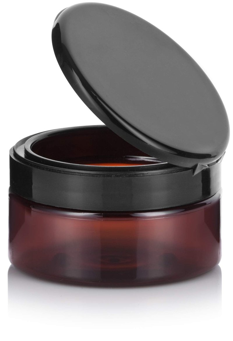 (6 Pack) 8 oz Amber Plastic Low Profile Jar with Wide Mouth Black Flip Top