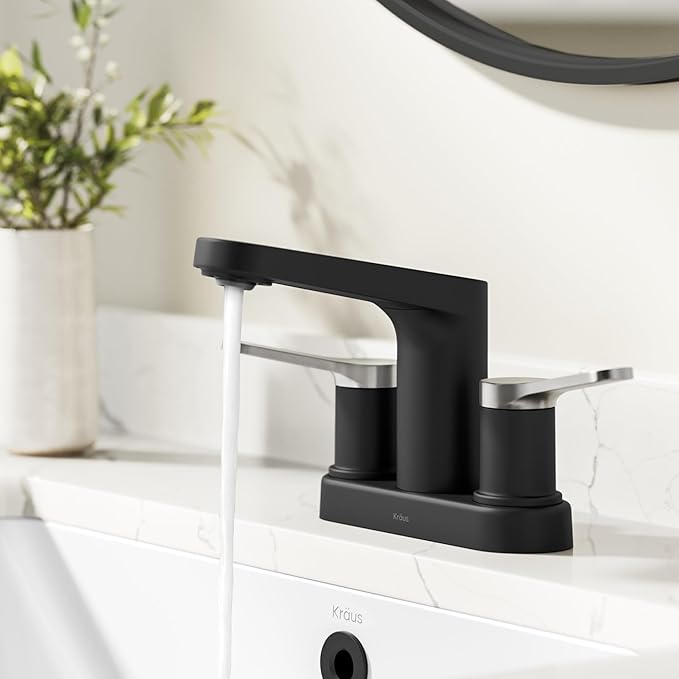 KRAUS Indy Centerset Bathroom Faucet in Spot-Free Brushed Nickel/Matte Black with 2 Handles, Pop Up Drain and Supply Lines, FUS-14102SFBNMB