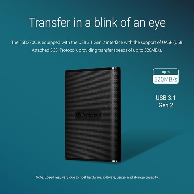Transcend ESD270 2TB External SSD for iPhone16/15/iPad/Mac/Windows/Android, PC/Laptop/Tablet/TV/Game Console, Portable SSD with One Touch Back up, One-Time Password Unlock, Type A &Type C Cables