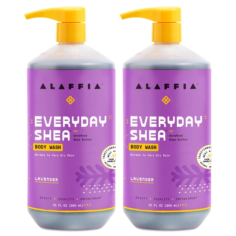 Alaffia Body Wash, EveryDay Shea, Lavender 2-Pack – Gentle Skin Cleanser, Shower Gel for Normal to Very Dry Skin, 32 Oz Ea