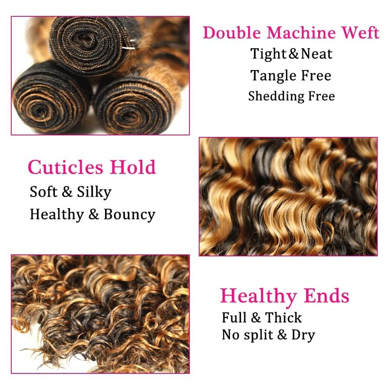 Ombre Human Hair Bundles - Highlight Brown Deep Wave Extensions | 30-34 Inch, Grade 8A Brazilian Remy Hair