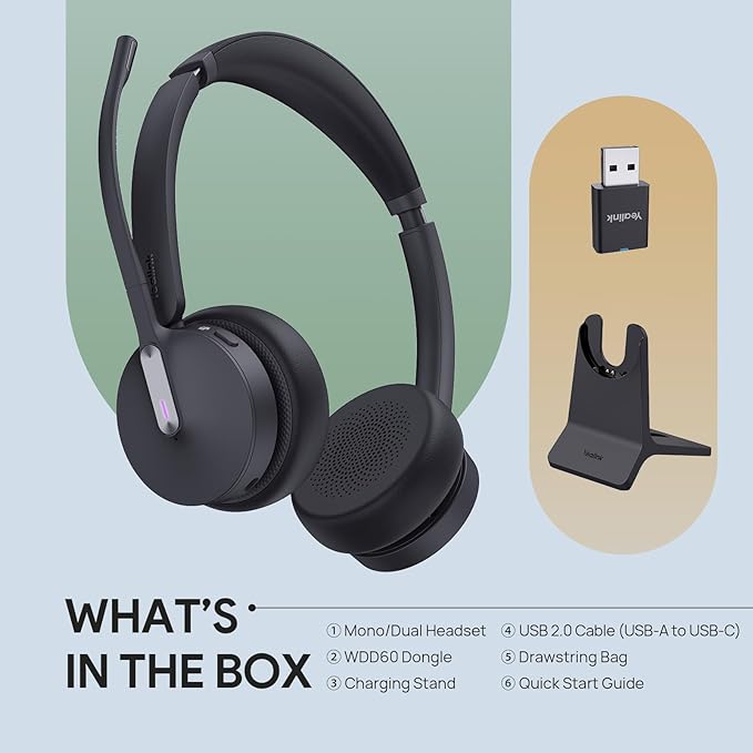 Yealink WH64 Hybrid Wireless Headset with Mic for Work, Dual Mode Bluetooth & DECT Dongle Headset with Charge Stand for PC/Computer/IP Phone/Cell Phones, Teams, Zoom, 492 ft Range, 32H Talk Time