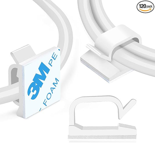 120PCS XHF Adhesive Cable Wire Clips White, Cable Staples Outdoor Cable Management Wire Organizer Cord Holder for Under Desk, Car, Wall, TV PC Ethernet Cable