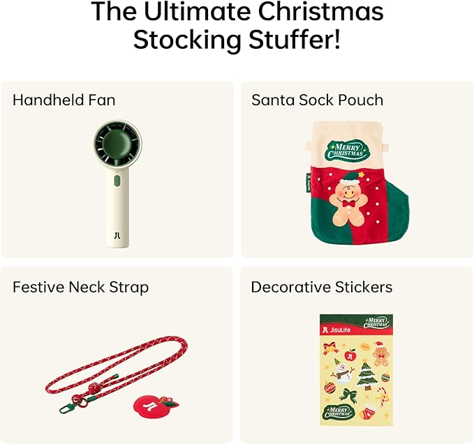 JISULIFE Handheld Turbo Fan, 4000mAh Rechargeable Portable Fan with Neck Strap, Stickers, Christmas Stockings, Ideal for Travel, Camping. Gifts for Women, Men, Kids (Beige)