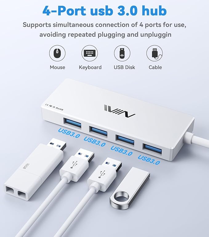 IVIIN USB 3.0 Hub, 4 Port USB Hub Splitter, USB A Expander Portable USB Adapter Multiport Data Hub for Laptop, iMac Pro, MacBook Air, Mac mini/Pro, Surface Pro, USB Flash Drives, and Mobile HDD-White