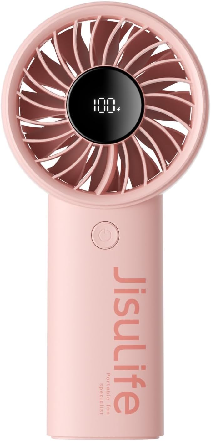 JISULIFE Handheld Portable Fan, Stronger and Longer-Lasting: 5 Speed, 3600mAh Battery, 12-Blade Turbo For Powerful Wider Wind, LED Display, Rechargeable Personal Fan for Travel Concerts Makeup-Pink