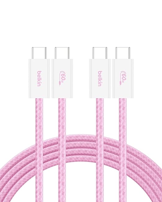 Belkin USB C to USB C Cable 2-Pack, 6.6ft, 60W - Type C Charger, iPhone Charger Cord, Soft, Braided, Flexible for iPhone 17, Galaxy S25, Pixel 10, Airpods, iPad Pro & More, Travel Essentials - Pink