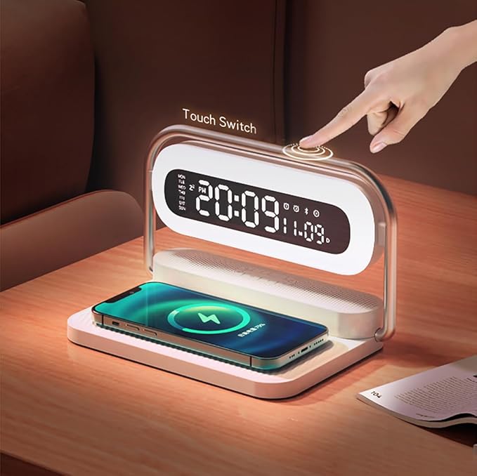 OTXKOO 4-in-1 Multifunction Mobile Wireless Charger with Colorful Night Lights, Bluetooth Speaker, Digital Clock Alarm ; M11