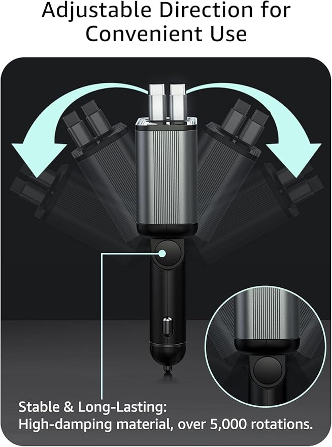 PDMAX Retractable Car Charger USB C,145W Type C Car Charger Fast Charging with Dual Retractable USB C Cable and USB Ports for iPhone 17/16/15,S25/24/23/22, Pixel 9/8/7(Build-in Dual Type C Cable)