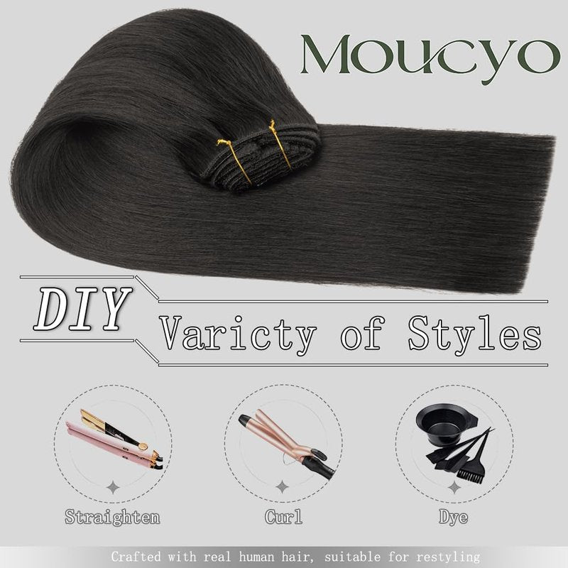 Moucyo Clip in Hair Extensions Real Human Hair 100% Brazilian Remy Human Hair Seamless Invisible clip on hair extensions for women Double Weft 7pcs 16 Inch 85g #1B Natural Black