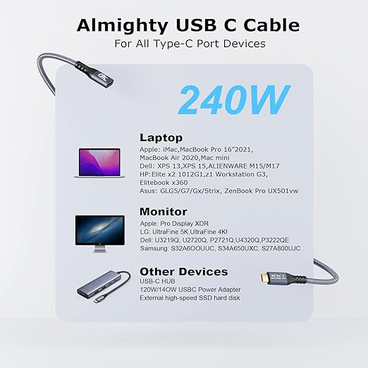 20Gbps USB C 3.2 Extension Cable, USBC 3.2 Gen2 Type-c Male to Female Extender Cable Ultra HD 4K@60Hz 240W Charging 20Gbps Data Transfer Compatible with External SSD eGPU (Extension 20G 240W-0.25M)