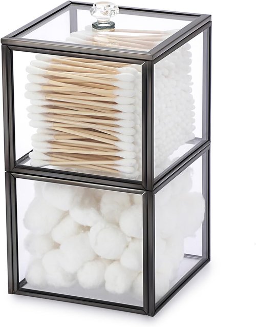 Hipiwe Glass Qtip Holder Dispenser - 2-Tier Stackable Apothecary Jar with Lid | Clear Bathroom Organizer for Cotton Balls & Swabs