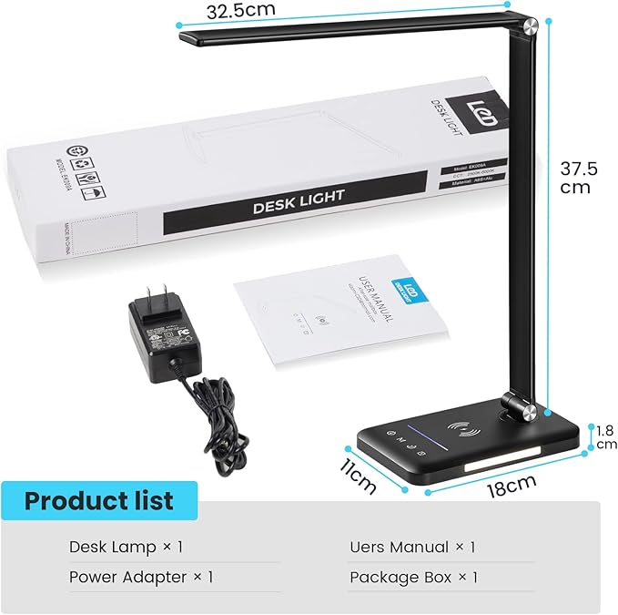 JOSTIC LED Desk Lamp with Night Light, Fast Wireless Charger, USB Charging Port, 10 Brightness, 5 Color Modes, Dimmable Bedside Table Lamp for Bedroom, Touch Control, Auto Timer, 1200Lux Super Bright