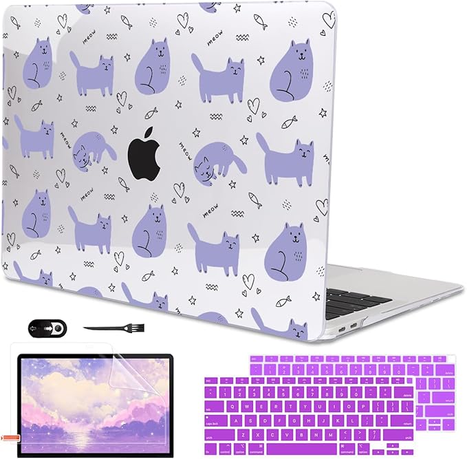 LCMOCICO Compatible with 2021 2020 2019 2018 MacBook Air 13 inch Case M1 A2337 A2179 A1932 Touch ID, Crystal Clear Pattern Plastic Hard Shell Case for MacBook Air 13 inch M1 2021, Cute Cat & Fish