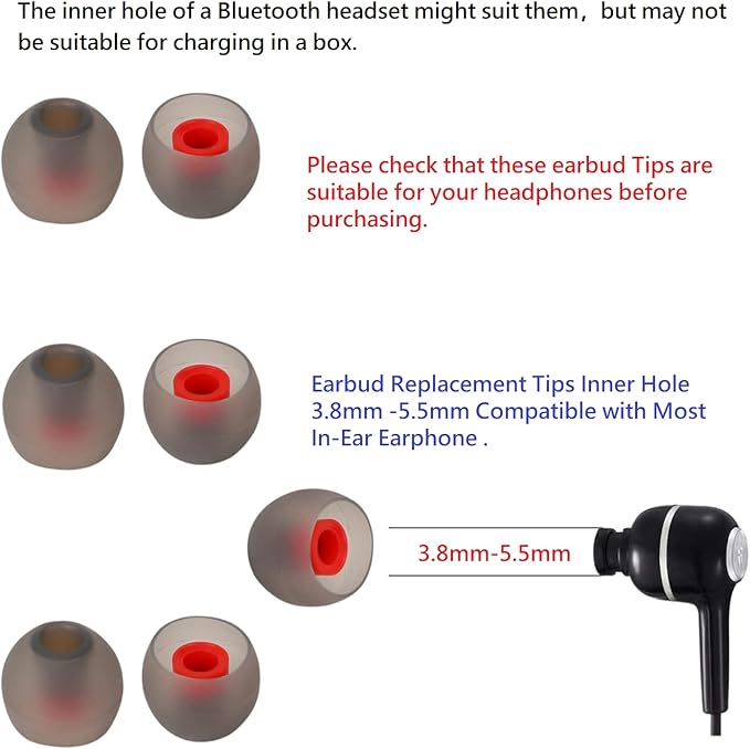 CYADCI 36 Pieces Large Earbud Tips Soft and Comfortable Ear Bud Replacement Pieces Silicone Fit Most in-Ear Headphones，Inner Hole 3.8mm -5.5mm，Black and Red Replacement Earbuds Silicone Tips