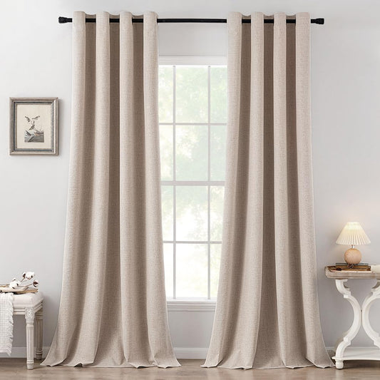 MIULEE 100% Blackout Linen Textured Curtains - Extra Long 112 Inches | Thermal Insulated Natural Beige (2 Panels)