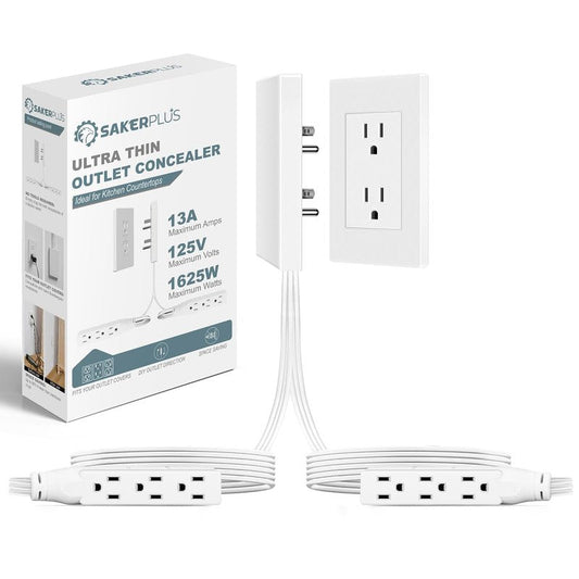 SakerPlus Outlet Concealer Power Strip-Outlet Cover Extender with 3AC Outlets-5ft Flat Plug Extension Cord,Universal Size,1625W for Kitchen, Home and Office,Child & Pet Safe(Dual 5 Foot)