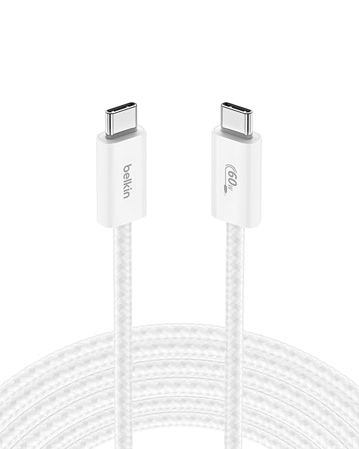 Belkin USB C to USB C Cable, 9.9ft, 60W - Type C Charger, iPhone Charger Cord, Soft, Braided, Flexible for iPhone 17, Galaxy S25, Pixel 10, Airpods, iPad Pro, Tablet & More, Travel Essentials - White