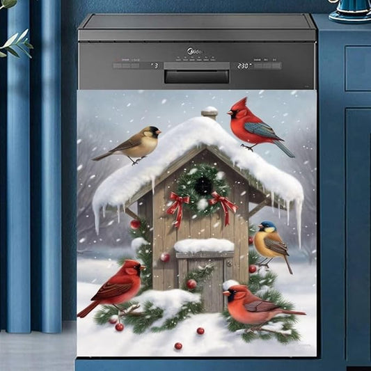 Winter Birds Dishwasher Cover Skin Panel Decal Christmas Decorated Birdhouse Fridge Door Cover Winter Snow Scene Vinyl Sticker for Dishwasher, 23 in x26 in Ordinary