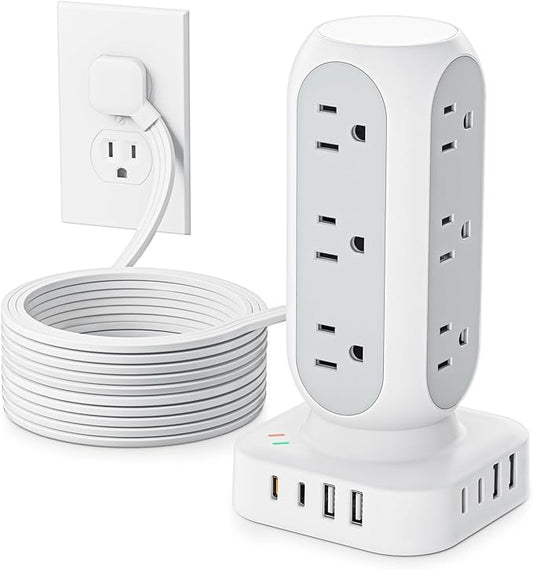 Flat Plug Power Strip Tower 10FT, 40W Total Fast Charging Station, Dual PD 20W USB-C Charger Tower with 12 AC Outlets and 8 USB Ports (4 USB C), Long Extension Cord for Home Office Dorm Room