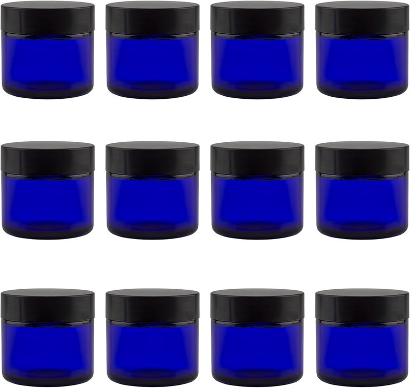 Cobalt Blue Glass Cosmetic Jars - 2oz Straight Sided Jars with Black Lined Lids | Pack of 12 for Balms & Creams