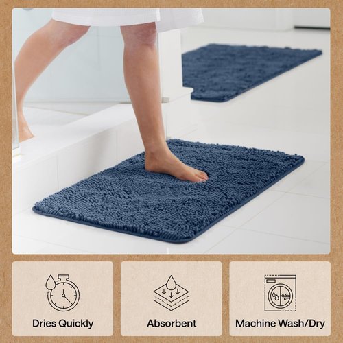 GORILLA GRIP Bath Rug Mat - Soft Absorbent Chenille | Quick-Dry Microfiber, 70x24, Navy Blue