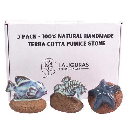 Laliguras Pumice Stone for Feet - Handcrafted 100% Natural Terracotta Foot Scrubber for Corn, Callus, Dry Dead Skin Removal - Exfoliating Rock for Feet/Hands - Relaxing Foot Care Tool (3 Pack - Sea)