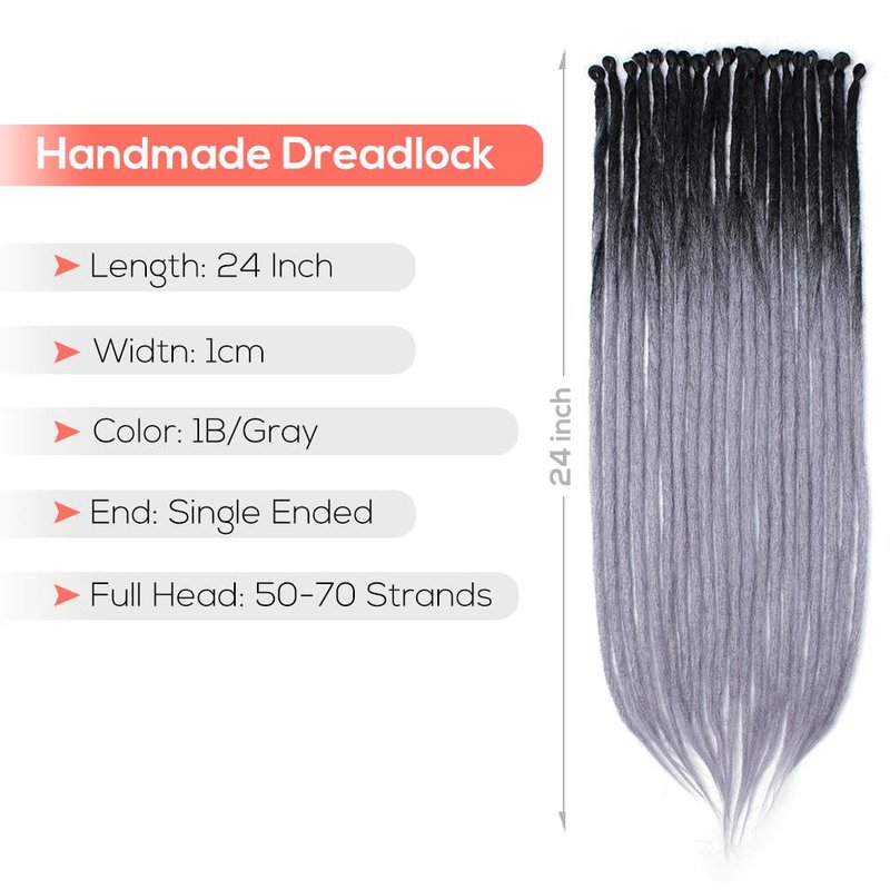 Kraler 24-Inch Ombre Black to Grey Dreadlock Extensions - 40 Strands Thick Synthetic Hair for Hip Hop Style | 1cm Width