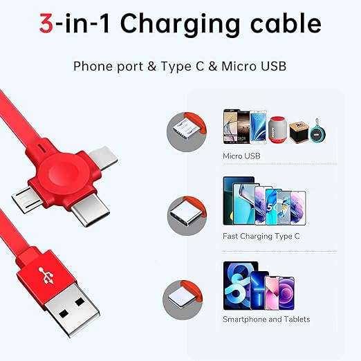 Gartmost 3 Pack Three in One Charging Cable Cord. 3 in 1 Charging Cable Retractable. Compatible USB C/Micro USB/L, Compatible with iPhone 17/16/15/14/13/12/11/Android, Tablet (Blue+Red+Green)