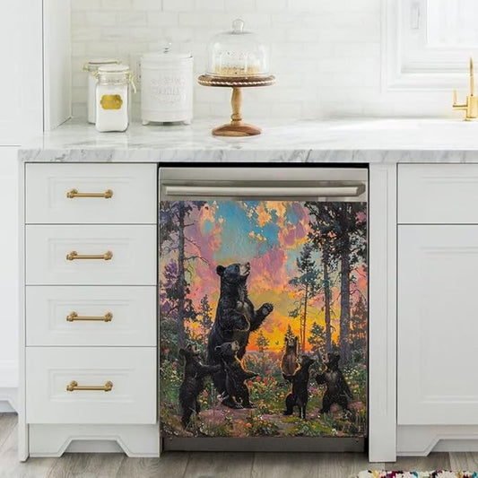 Dishwasher Magnet Cover, Forest Black Bear Family Magnetic Dishwasher Sticker for Kitchen Decoration 23x26in Fridge Panel Vinyl Decal Farmhouse Refrigerator Cover